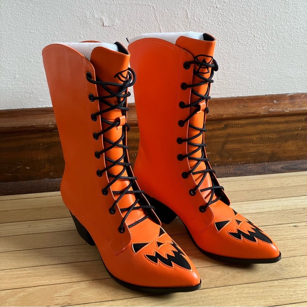 NEW Strange Cvlt Size 8 Orange Black Scary Jack O’Lantern Halloween Boots